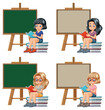 Four cartoon children reading books by chalkboards