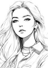 Female virtual K-pop idol coloring book. Korean Girls model with black and white line.