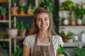 Wall Mural - Smiling attractive female Small business owner in her plant shop.