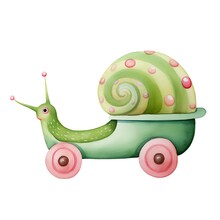 Watercolor Green Snail On A Toy Car Isolated On White Background.