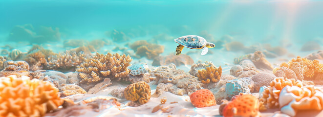 Wall Mural - Sea turtle swims in the sea under water among the bright coral reefs