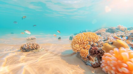 Wall Mural - Underwater nature. Coral reef in blue sea and ocean. Fascinated by the beauty of the underwater world