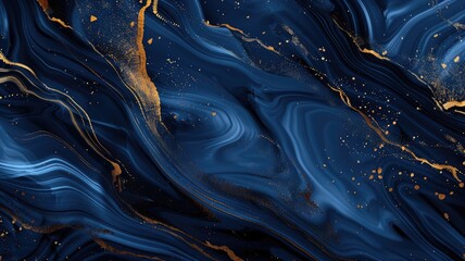 Abstract blue and gold marble pattern with flowing lines swirls