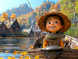 A smiling fisherman character, blurred background, 3d animation character.