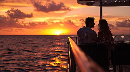 A couple is sitting on a boat at sunset, enjoying a romantic dinner