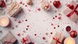 A Valentine s Day themed backdrop featuring a beautiful arrangement of gifts candles and confetti set against a white backdrop This flat lay composition offers a top view with plenty of spa
