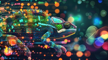 Wall Mural - digital chameleon in neon colors. big data visualization. information aesthetic design. animal learn