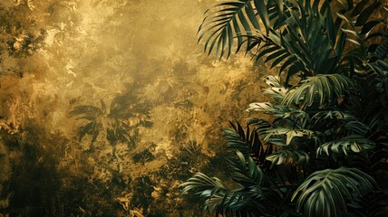 Wall Mural - Golden textured background with tropical leaves at edge