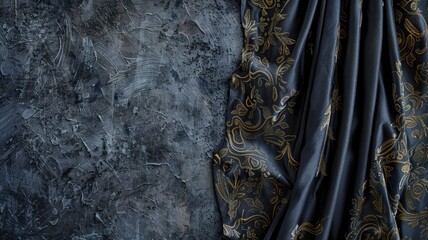 Wall Mural - Luxurious blue fabric with golden designs on textured gray background