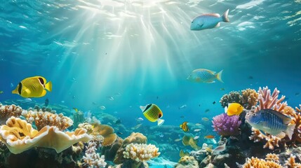 Wall Mural - Beautiful underwater view with fish and coral and sunlight