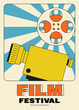 Movie festival poster template design with film camera and film reel modern vintage retro style