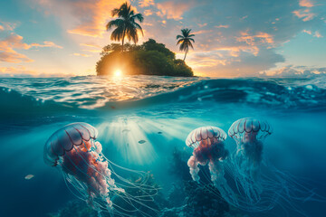 Wall Mural - Tropical Island with coconut trees and jellyfishes and corals under clear water of the sea in sunset with dramatic sky, half under water view, summer holiday theme.