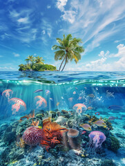 Wall Mural - Tropical Island with coconut trees and jellyfishes and corals under clear water of the sea in sunny day with blue bright sky, half under water view, summer holiday theme.