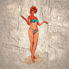 Poster - Illustration of a beautiful fashion model posing in a stylish swimsuit wearing sunglasses. Young attractive woman in beachwear.