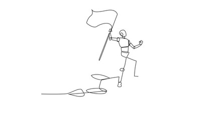 Wall Mural - Animation of single continuous line drawing of robot standing on flying rocket through the sky holding the flag. Entrepreneur make a robot to starting a new business startup. Full length motion