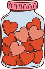 Wall Mural - Cartoon retro groovy hippie jar with love hearts, vector icon for Valentine or wedding. 70s hippie and groovy cartoon funky art of hearts in glass jar for love sticker and hipster t-shirt print