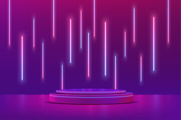 Wall Mural - 3d purple neon podium stage with glowing lights. Realistic vector empty glow scene for beauty product presentation, fashion show performance. Pedestal, nightclub dance floor, illuminated round scene