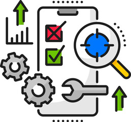 Fototapete - Mobile app develop and testing, web software optimization, cellphone application coding linear icon. Web app, digital product or application testing linear vector icon with phone, wrench and cog wheel