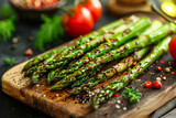 Fototapeta  - A plate of asparagus is on a wooden cutting board