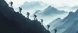 Team of Climbers Ascending Mountain in Silhouette, Teamwork Concept