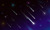 Fototapeta  - Shooting sky stars with trails, falling space comets and meteors. Realistic 3d vector asteroids, bolides with luminous traces streak in night heaven. Cosmic fireballs, meteors, meteorites in galaxy