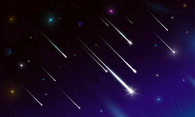 Wall Mural - shooting sky stars with trails, falling space comets and meteors. realistic 3d vector asteroids, bol