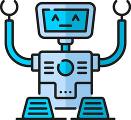 Aufkleber - Humanoid robot, alien retro droid, game futuristic virtual bot outline color icon. Humanoid bot, alien cyborg or AI chatbot droid, virtual assistant vintage android on tracks line vector symbol