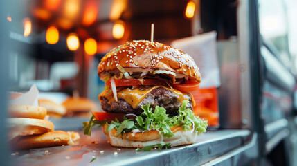 Wall Mural - A large burger is placed on the tray at the food truck with a lot of buns behind. Close-up of a burger is topped with lettuce, cheese and fries.