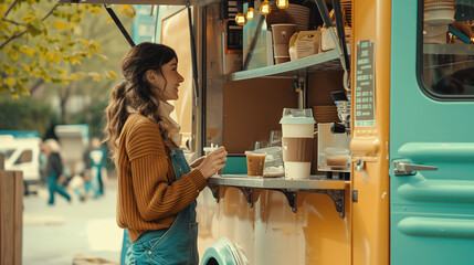 Wall Mural - A happy coffee shop owner standing beside a food truck is holding a cup of hot coffee and talking to staff inside the car.
