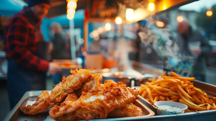 Wall Mural - Hot fish and chips are prepared for customer on trays in a food truck.