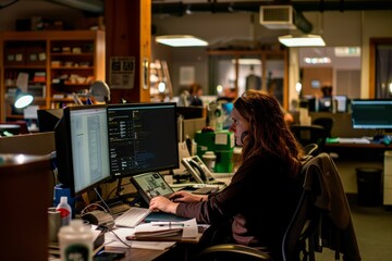 Professional Photography of employees diligently working on their tasks late into the night in a well-lit office space, showcasing dedication and commitme, Generative AI