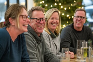 Group of friends having a great time together in a restaurant with Christmas tree in the background