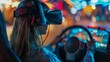 A youths an ado lady with virtual reality glasses is playing a computer game over the console's rear view screen while holding upon the steering wheel and space, Generative AI.