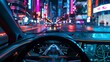 Realistic rendering of an autonomous car journey, through a city full of high-tech interfaces and digital interactions, sharp contrasts in urban lighting