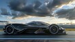 Side view of a hypercar racing at breakneck speeds on a VR track, blending digital elements with realistic environmental dynamics