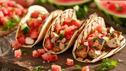 Wall Mural - Savor some mouthwatering Mexican grilled chicken tacos paired with refreshing watermelon salsa