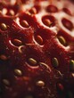 Macro shot captures strawberry's seeds, red exterior, and freshness in natural light, emphasizing close-up details