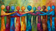 Conceptual idea image of people supporting each other. Abstract art of 11 human in various colors are hugging each other on vibrant background. Represent unity, care and comforting.