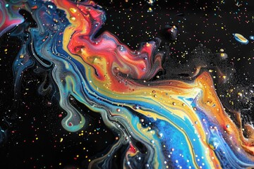 Wall Mural - Spills of multicolored metallic dye mixing and spreading on black background - generative ai