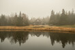 A barn reflecting in a pond on a foggy day on Beals Island, Maine