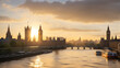 the Houses of Parliament and Big Ben in London, England. The sun is setting behind the buildings, and there is a bridge in front of them. There are boats on the river, and the sky is orange.