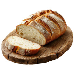 Sticker - A loaf of freshly baked bread sliced and displayed on a rustic wooden table set against a clear transparent background