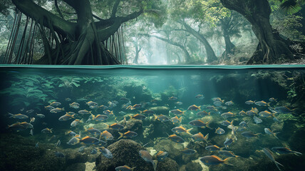 Wall Mural - River and Swamp in deep forest with half under water view at foggy morning, Banyan tree with fishes under water. 