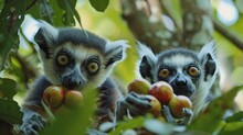 Ring-Tailed Lemurs Feasting On Fruit In Trees. Inquisitive Ring-tailed Lemurs Clutching Ripe Fruit Among The Lush Leaves Of Their Forest Home.