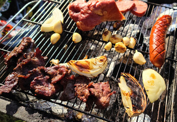 Poster - Meat and sausage on grill