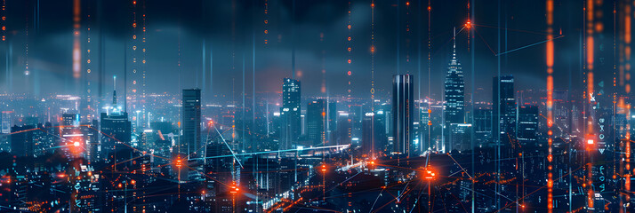 Holographic modern cityscape with digital data lines and night sky background, concept of global network connection technology. artificial, modern, connection, information, artificial, tech, cyberspac