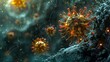 Close-up on a virus invading a human cell, a microscopic conflict illuminated, abstract organic, hyper-realistic, AI Generative