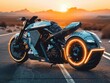 Envision a muscular electric chopper motorcycle rumbling down a sundrenched desert road, its retrofuturistic styling and glowing accents perfectly at home in the vast, otherworldly landscape
