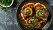 Top view of Osso Buco, braised veal shanks in white wine and broth, tenderly cooked with vegetables, served with gremolata and Risotto Milanese, isolated background