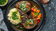 Top View Of Osso Buco, Braised Veal Shanks In White Wine And Broth, Tenderly Cooked With Vegetables, Served With Gremolata And Risotto Milanese, Isolated Background